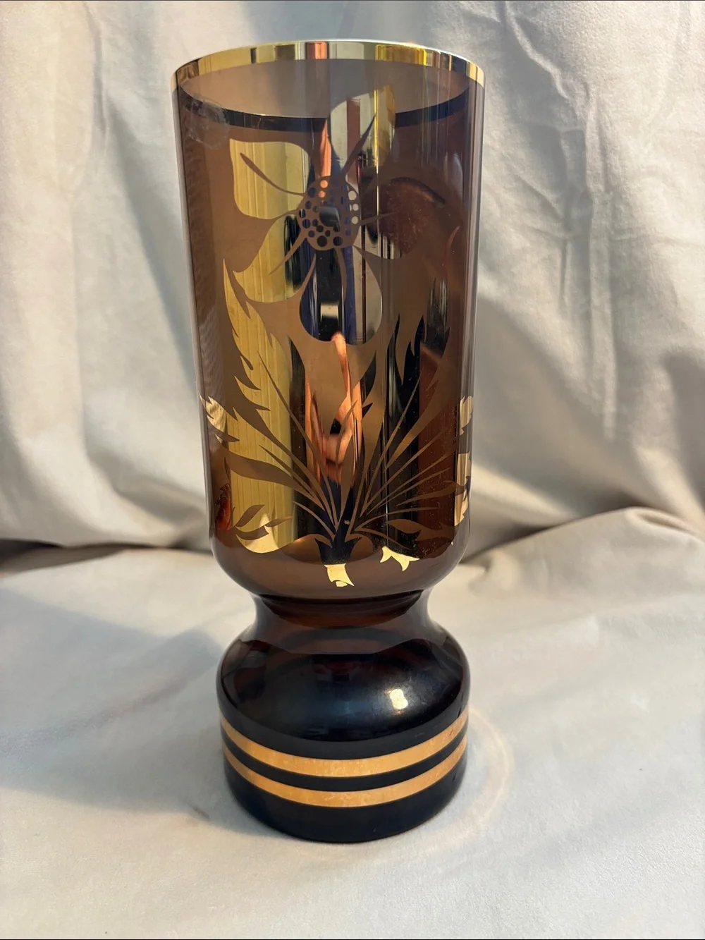 MCM Vase with Gold Floral Detail likely Czech Beautiful Smoky Glass Unique Shape